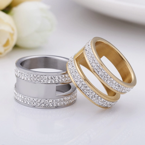 Stainless Steel Ring Cubic Zirconia 18K Gold Plated Parallel Band Hollow Geometric Fashion Jewelry For Women Elegant
