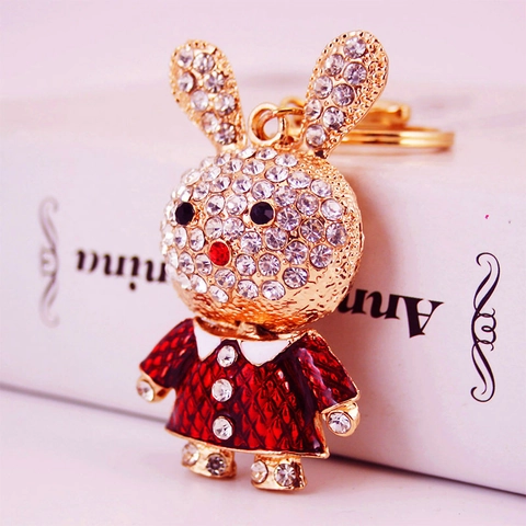 Cartoon Cute Long Ear Rabbit Keychain Zinc Alloy Rhinestone Enamel Bunny Keyring Bag Pendant For Women Girls Gift