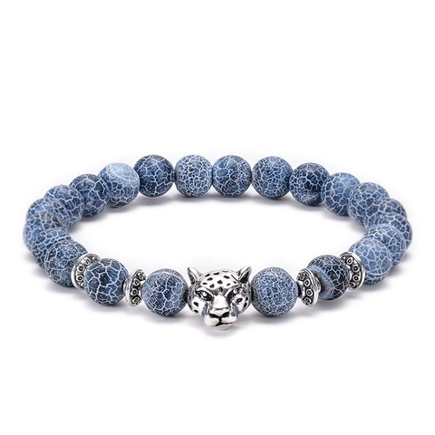 Natural Stone Beaded Bracelet With Alloy Leopard Lion Owl Buddha Head Charms Blue Weathered Agate Retro Unisex Jewelry