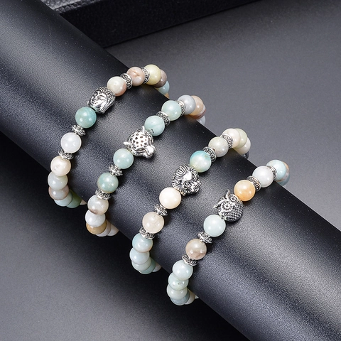 Natural Amazonite Stein Perlen Armband Mit Legierung Eule Löwe Leopard Buddha Anhänger Retro Boho Schmuck