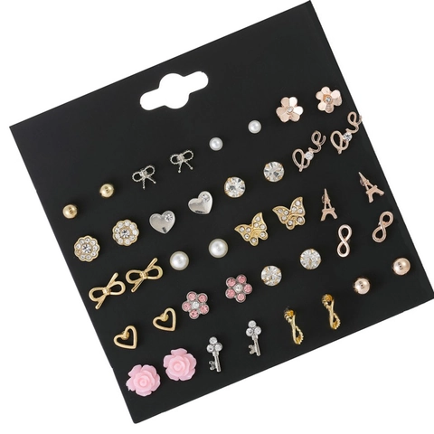 Pendientes De Botón Aleación Diamantes De Imitación Perla Artificial Sintética Flor Torre Eiffel Llave Corazón Joyería Para Mujer