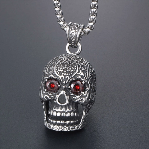 Schedel Hanger Ketting Roestvrij Staal Rode Edelsteen Ogen Gesneden Patroon Retro Punk Gothic Hip Hop Sieraden Mannen Vrouwen