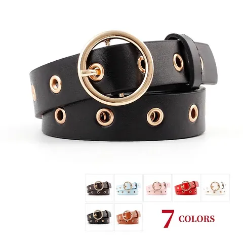 Damen Schmaler PU Leder Gürtel Trendy Goldene Runde Schnalle Dekorative Metallösen Gürtel Für Jeans Kleid Taillengürtel