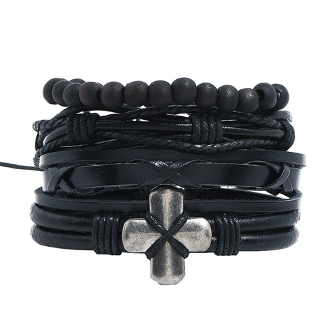 Vintage Handmade Braided Leather Bracelet For Men Women With Wood Beads Hemp Rope Alloy Cross Charm Multilayer Bohemian Style