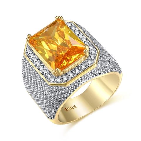 Hip Hop Men Ring With Square Large Cubic Zirconia Pave Inlaid Gold Plated Iced Out Luxury Jewelry