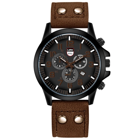 Men Quartz Watch Alloy Case PU Leather Strap Multi-Dial Decorative Calendar Military Sport Fashion Wristwatch
