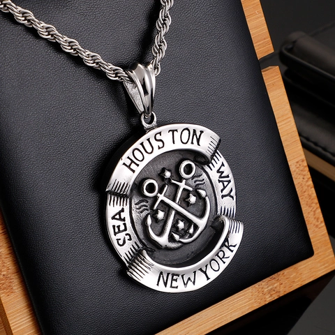 Pendentif Médaille Ancre En Acier Inoxydable Style Nautique Vintage Houston New York Bijou Rétro Pour Homme