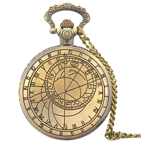 Vintage Pocket Watch Bronze Black Zinc Alloy Roman Numerals Quartz Movement Compass Zodiac Hollow Flip Cover Pendant