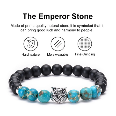 Natural Stone Beaded Bracelet With Alloy Owl Lion Leopard Buddha Head Animal Charms Round Beads Elastic Ethnic Retro Unisex
