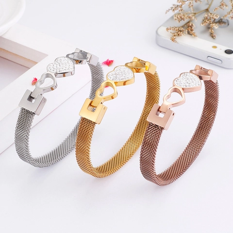 Bracciale Rigido A Cuore In Acciaio Inossidabile Con Zirconi Maglia Gioielli Di Moda Per Donna
