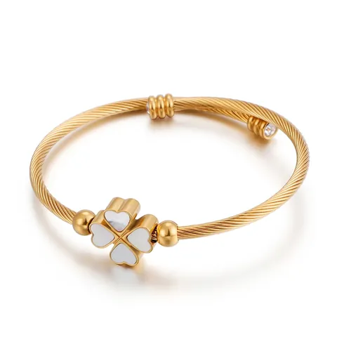 Bracciale Rigido Aperto In Acciaio Inossidabile Cavo Intrecciato Cuore Quadrifoglio In Madreperla Polsino Regolabile Per Donna