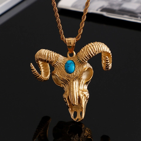Pendente Teschio Di Ariete Acciaio Inossidabile Turchese Inlay Gotico Punk Satanico Gioielli Per Uomo