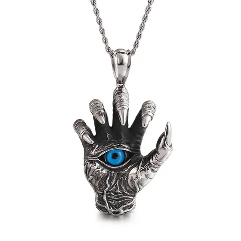 Gothic Devil Hand Dragon Claw Pendant Necklace With Blue Eye Stainless Steel Punk Jewelry For Men