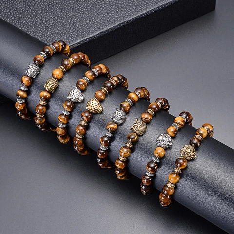 Natural Tiger Eye Stone Beaded Bracelet With Alloy Lion Leopard Owl Buddha Head Retro Elastic Jewelry For Men