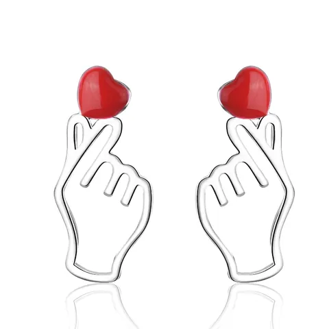 Koreaanse Stijl Vinger Hart Rood Liefde Gebaar Oorknopjes Koper Verguld Emaille Mode Sieraden Voor Vrouwen Meisjes Dagelijks