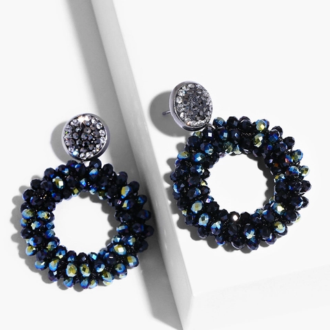 Round Hoop Earrings Alloy Crystal Beaded Rhinestone Woven Bohemian Fashion Jewelry For Women With Copper Earring Post