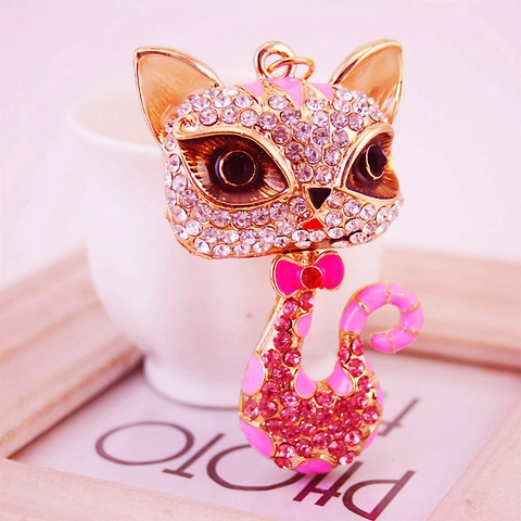 Niedliche Katze Schlüsselanhänger Kreative Strass Emaille Metall Auto Schlüsselring Legierung Tier Anhänger Damen Schmuck