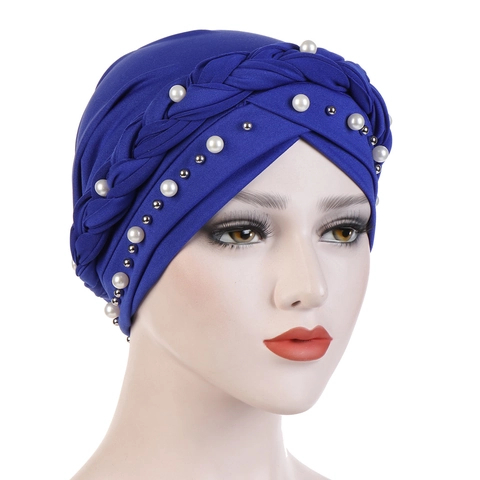 Women Polyester Turban Hat With Single Braid Artificial Pearl Decoration Elegant Muslim Headwrap Solid Color Fashion Beanie