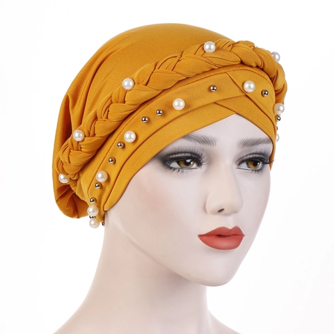 Women Polyester Turban Hat With Single Braid Artificial Pearl Decoration Elegant Muslim Headwrap Solid Color Fashion Beanie