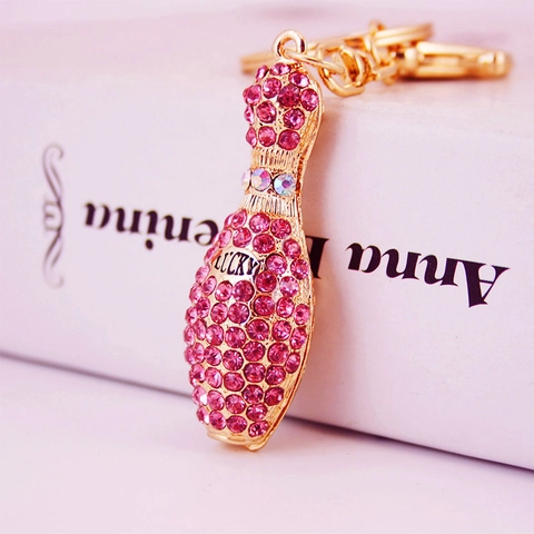Creative Bowling Pin Keychain Alloy Rhinestone Full Diamond Bag Charm Lucky Letter Pendant Key Ring For Women Jewelry Gift