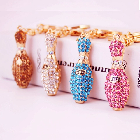 Creative Bowling Pin Keychain Alloy Rhinestone Full Diamond Bag Charm Lucky Letter Pendant Key Ring For Women Jewelry Gift