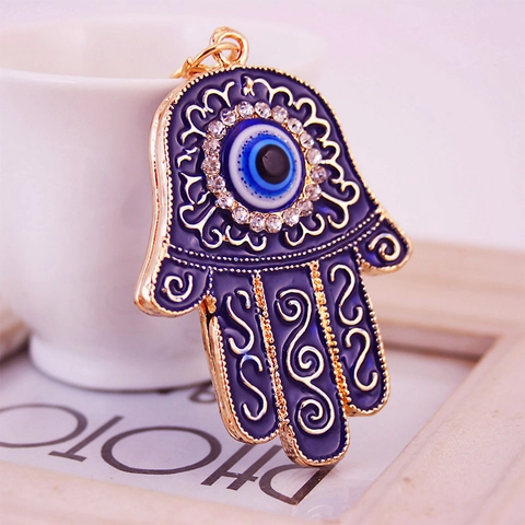 Hamsa Hand Schlüsselanhänger Blaues Auge Zinklegierung Emaille Strass Schutz Amulett Tasche Anhänger Geschenk