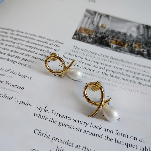 Irregular Knot Drop Earrings 18K Gold Plated With 925 Sterling Silver Earring Post Teardrop Faux Artificial Pearl Elegant For Women