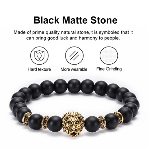 Matte Black Natural Stone Beaded Bracelet With Gold Lion Leopard Owl Buddha Head Charm Vintage Jewelry For Men Women