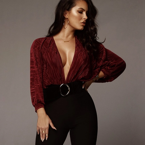 Body Sexy De Mujer Con Cuello En V Profundo Manga Larga Linterna Textura Plisada Poliéster Elegante Color Sólido Ajustado