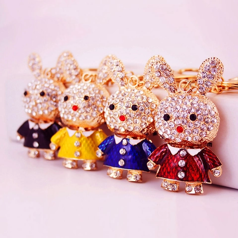 Cartoon Cute Long Ear Rabbit Keychain Zinc Alloy Rhinestone Enamel Bunny Keyring Bag Pendant For Women Girls Gift