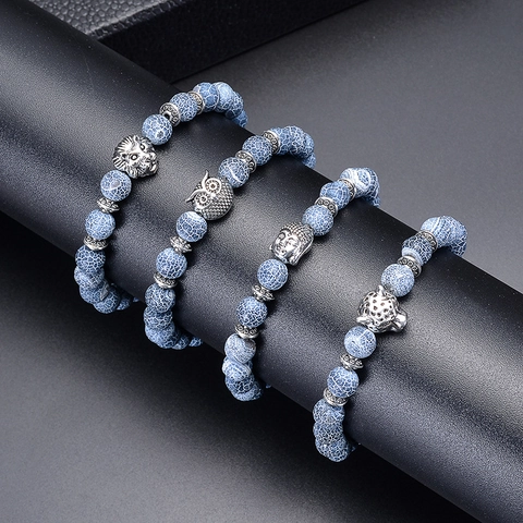 Natural Stone Beaded Bracelet With Alloy Leopard Lion Owl Buddha Head Charms Blue Weathered Agate Retro Unisex Jewelry