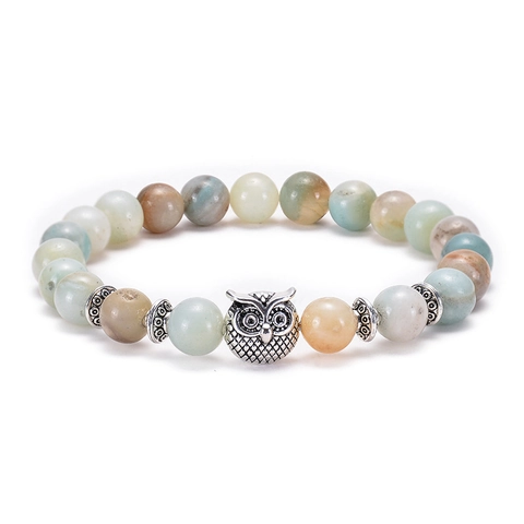 Natural Amazonite Stein Perlen Armband Mit Legierung Eule Löwe Leopard Buddha Anhänger Retro Boho Schmuck