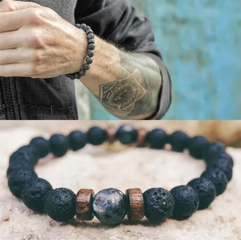 Pulsera De Perlas De Piedra De Lava Natural Piedra Preciosa Espaciador De Madera Elástica Joyería Étnica Yoga Meditación