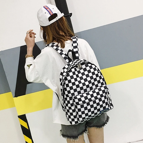 Checkerboard Casual Backpack Nylon Canvas Streetwear School Travel Bag For Women Students Large Capacity Front Pocket