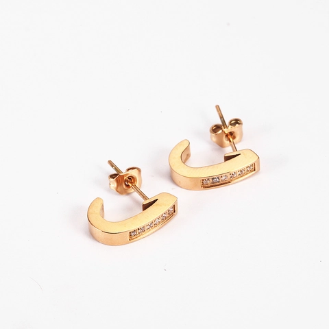 Ins Style 18K Gold Plated J-Shaped Rhinestone Stainless Steel Hoop Earrings For Women Creative Alphabet C-Shaped Stud Earrings
