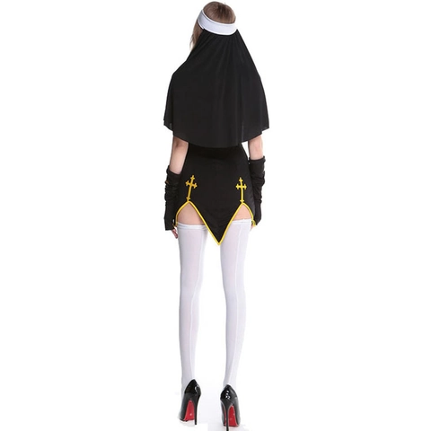 Costume Cosplay Nonne Sexy Femmes Tenues Fête Halloween Robe Imprimé Croix Coiffe Manches Et Bas Polyester