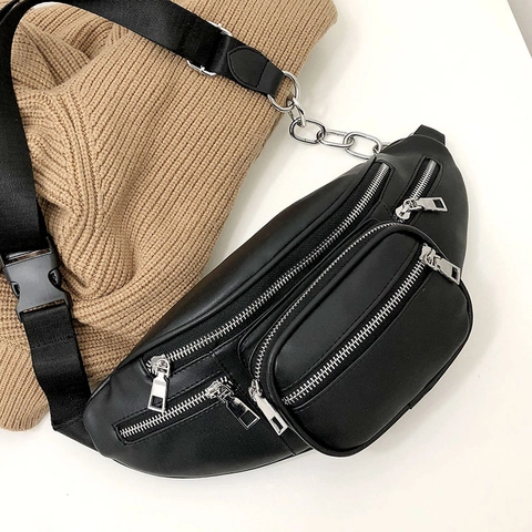 Zwarte PU Leren Heuptas Meerdere Ritszakken Verstelbare Riem Metalen Ketting Detail Trendy Retro Crossbody Borsttas