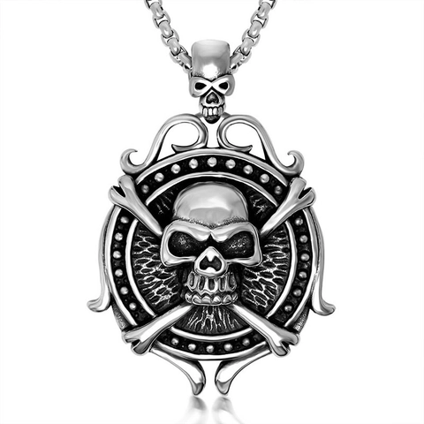 Skull Crossbones Pendant Necklace 316L Stainless Steel Punk Gothic Retro Round Medallion For Men