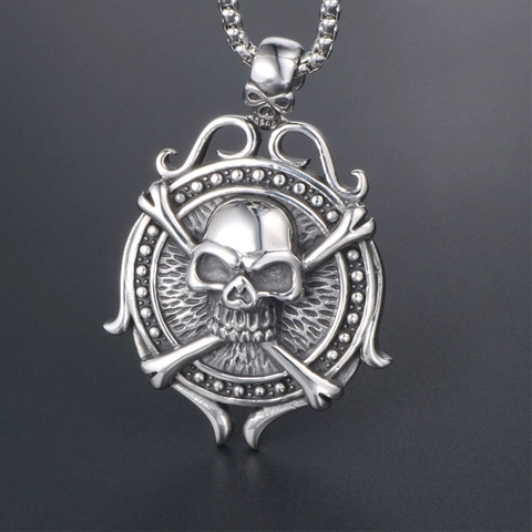 Skull Crossbones Pendant Necklace 316L Stainless Steel Punk Gothic Retro Round Medallion For Men