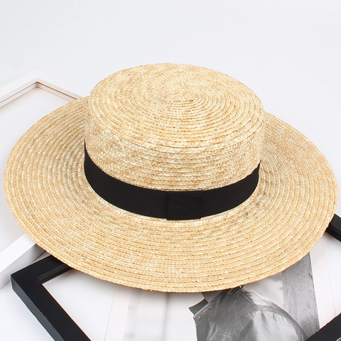 Women Elegant French Style Boater Hat Natural Wheat Straw Wide Flat Brim Summer Beach Sun Protection With Black Ribbon Bow