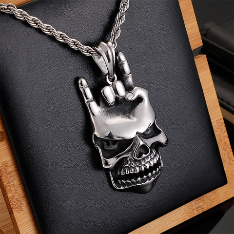 Collar Con Colgante De Calavera Acero Inoxidable Gesto De Mano Rock On Hip Hop Punk Gótico Joyería Para Hombre