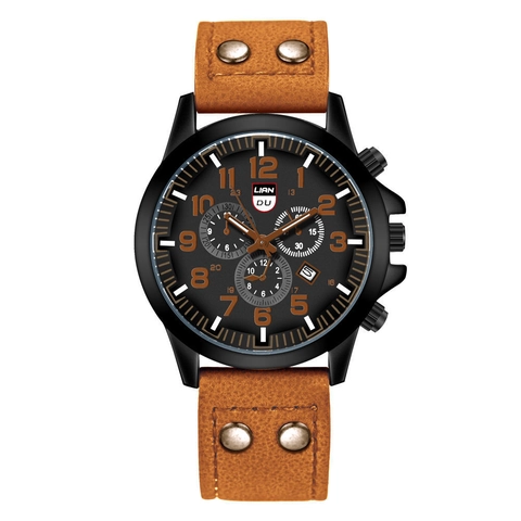 Men Quartz Watch Alloy Case PU Leather Strap Multi-Dial Decorative Calendar Military Sport Fashion Wristwatch