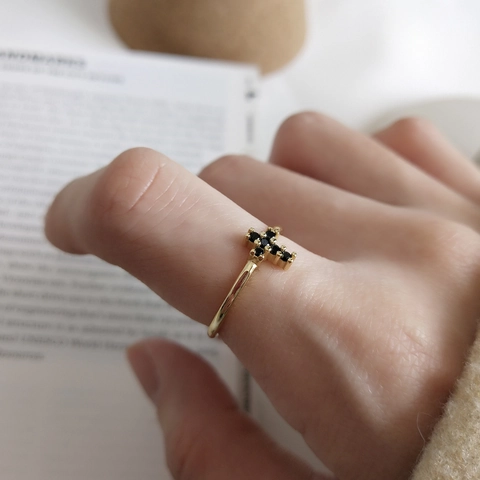 Anello Croce In Argento Sterling 925 Placcato Oro 18K Zirconia Nera Regolabile Aperto Gioielli Minimalisti Donna