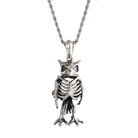 Owl Skeleton Pendant Necklace 316L Stainless Steel Gothic Punk Animal Bone Biker Jewelry For Men