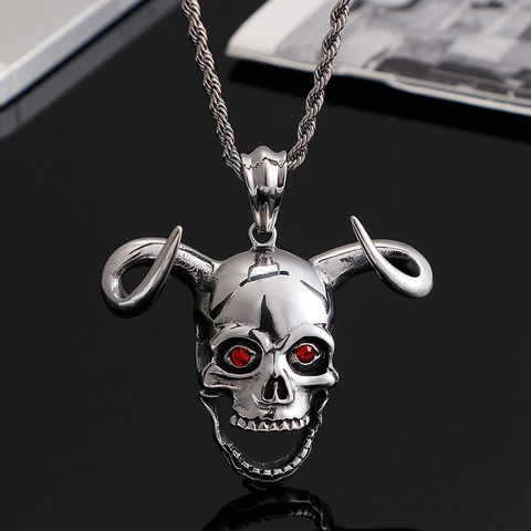 Pendente Teschio Cornuto Gotico Acciaio Inossidabile Occhi Rossi Punk Rock Hip Hop Gioielli Per Uomini