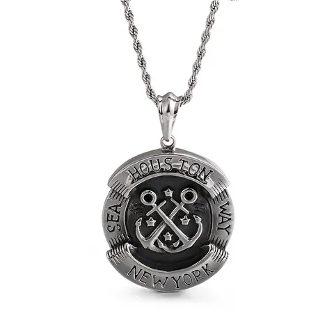 Pendentif Médaille Ancre En Acier Inoxydable Style Nautique Vintage Houston New York Bijou Rétro Pour Homme