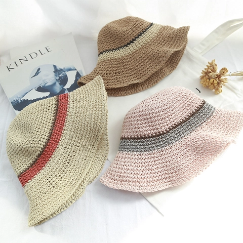 Cappello Di Paglia Da Donna Bucket Tesa Larga Protezione Solare Traspirante Pieghevole Vacanze Spiaggia Uncinetto Nastro Contrasto