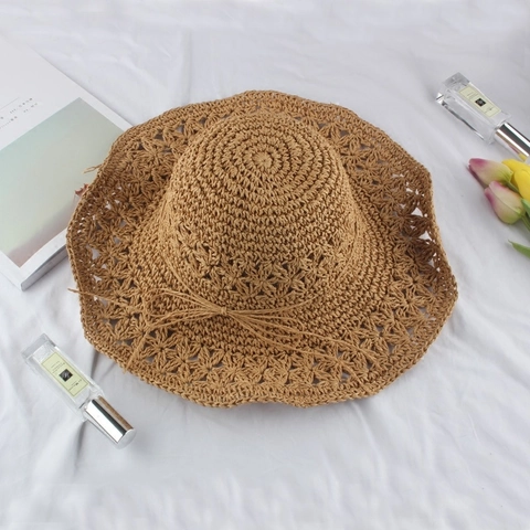 Chapeau De Paille D'été Pour Femmes Large Bord Tissé À La Main Protection Solaire Plage Voyage Avec Nœud Style Coréen