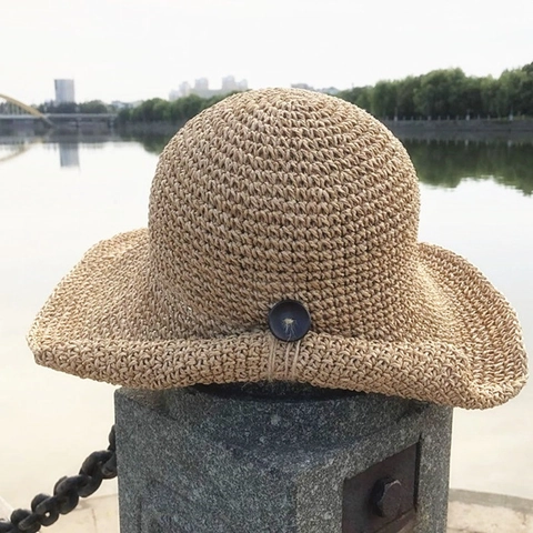 Cappello A Secchiello In Paglia Da Donna Intrecciato A Mano Elegante Tesa Larga Protezione Solare Pieghevole Stile Vacanza Con Bottone