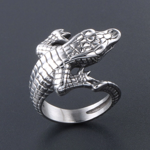 Vintage Crocodile Ring Stainless Steel Animal Punk Gothic Jewelry For Men Unisex Retro Silver Color